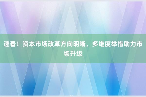 速看！资本市场改革方向明晰，多维度举措助力市场升级